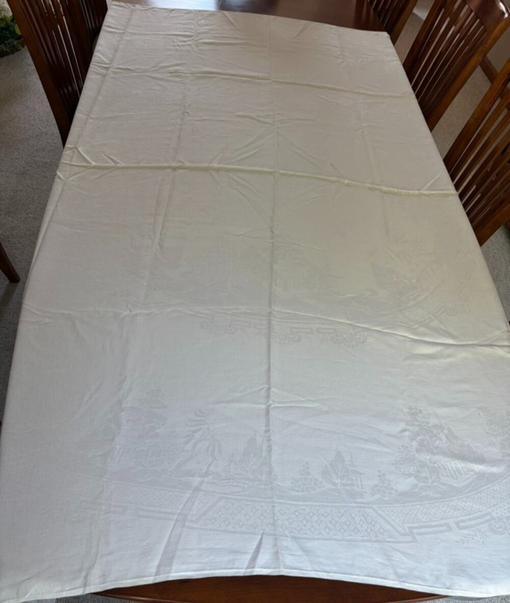 Vintage Ivory Damask Tablecloth Jacquard Cotton Grapes Vineyard 78x80 Flaws